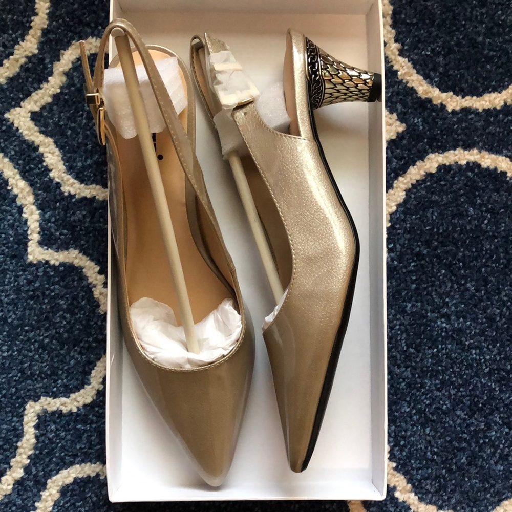 Palizzio pointed toe sling-back with 2” gold embellished heel; size 8.5